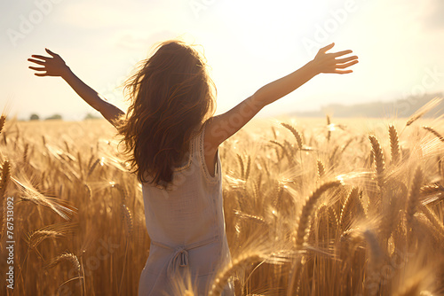 happy young woman stands with her back to the sun in a wheat field
