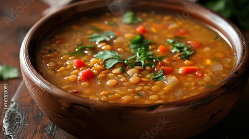 Close-up of a bowl of lentil soup