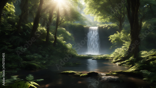 A lush forest scene  with sunlight filtering through the canopy to create dappled patterns on the forest floor  illuminating a hidden waterfall