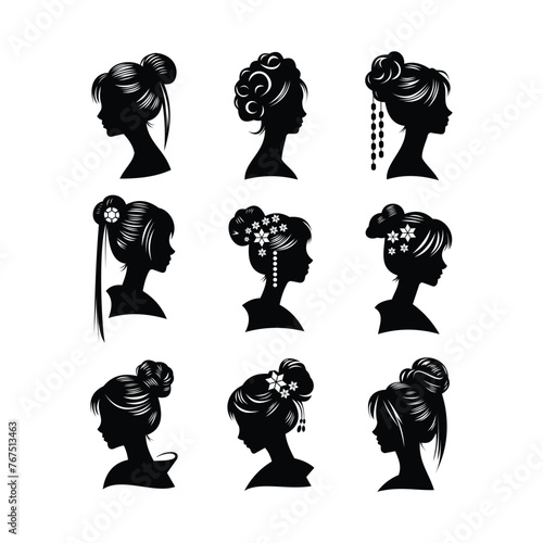 VECTOR SILHOUETTE SET OF WOMAN BUN HAIRSTYLE ISOLATED ON WHITE BACKGROUND