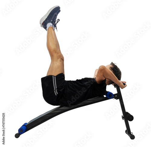 Health and fitness concept, man  doing abs exercise or crunches or situps on abs machine isolate on white backghround with clipping path.