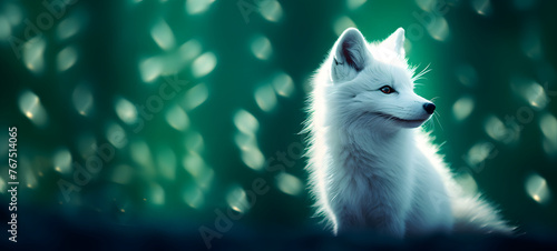 Bokeh beauty white fox nine tails on defocused emerald green background, ai generative