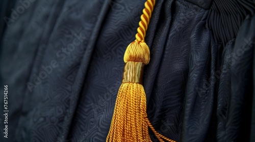 A black graduation gown with a gold tassel and a master's degree hood, signifying advanced achievement © kamonrat