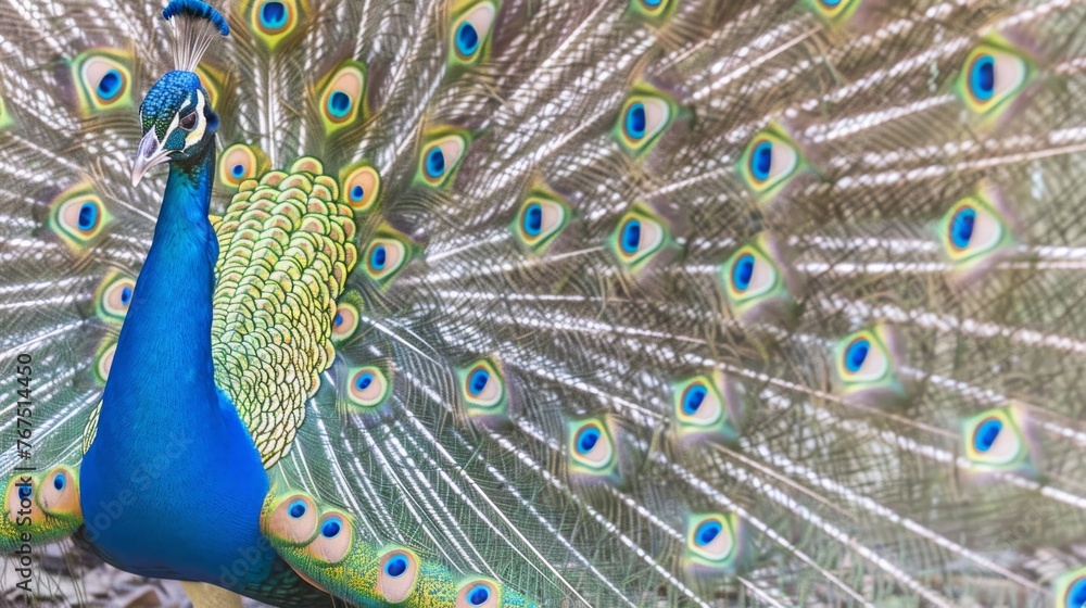 Obraz premium a close up of a peacock with it's feathers spread out and it's tail feathers spread out.