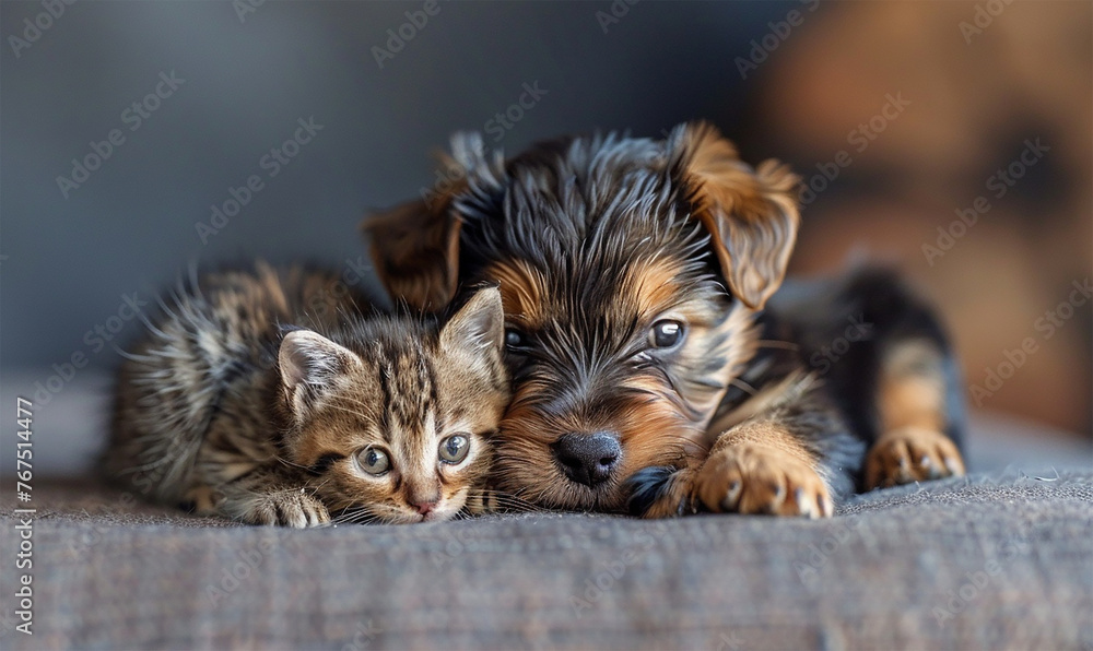 Puppy and kitten, small and tiny together