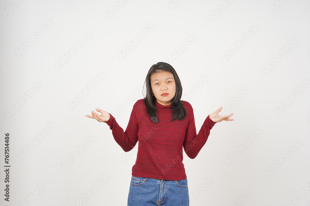Young Asian woman in Red t-shirt Confused I don't know gesture isolated on white background Young Asian woman in Red t-shirt Confused I don't know gesture isolated on white background