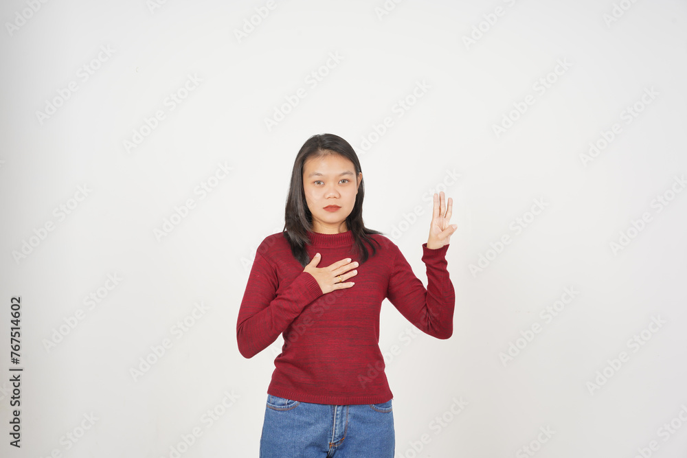Young Asian woman in Red t-shirt Swearing make an oath isolated on white background