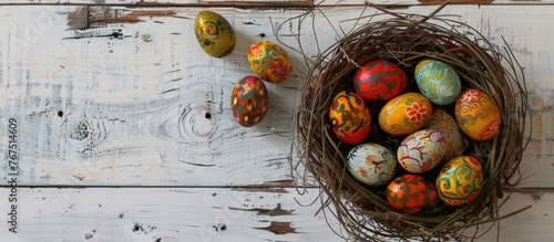 Easter eggs adorned with wax-resist dyeing method, known as Pysanky, displayed in a nest on a white wooden surface. The style is a traditional craft popular in Eastern European regions,