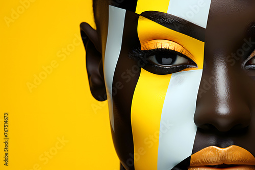 portrait of an African glamorous woman with yellow, white and black bodypainting on her face. fashion and beauty. Fashion portrait of african american woman with creative make-up on yellow background photo