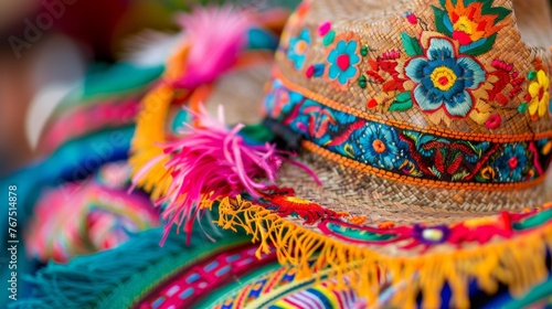 A traditional Mexican sombrero adorned with colorful embroidery and feathers
