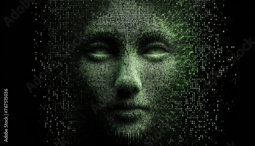 Vivid Green Human Face with Binary Code Rain Overlay, Evoking Themes of Cybersecurity, Digital Identity, and Information Technology © Ross