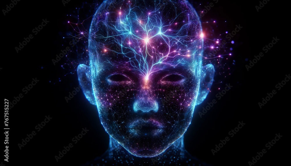 Blue and Purple Neural Network on a Digital Human Face, Representing Advanced Brain Function, AI Learning, and Technological Mind Concept Blue and Purple Neural Network on a Digital Human Face, Representing Advanced Brain Function, AI Learning, and Technological Mind Concept