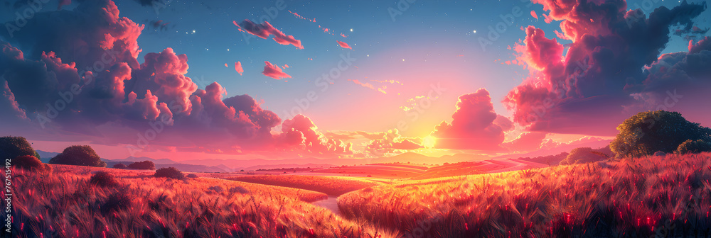 Carefree Woman with Raised Arms Illustration,
  in a field of flowers watching the sun set
