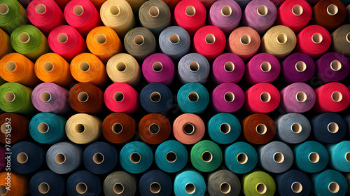 Spools of colorful yarn arranged in a pattern  textile industry