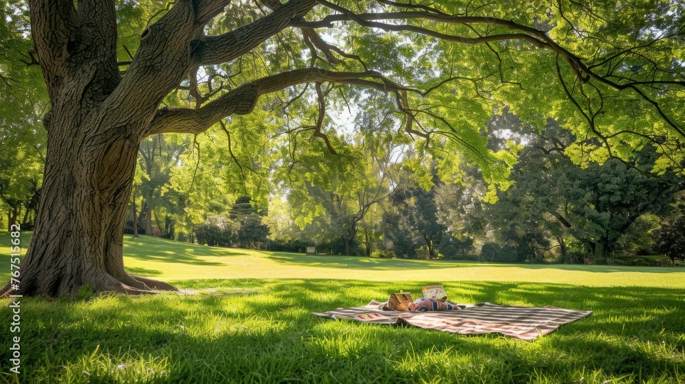 A peaceful park with a large oak tree casting shade over a picnic blanket spread out on the grass.