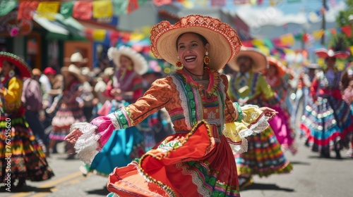 A lively Cinco de Mayo parade with people in colorful costumes, dancing and celebrating. (Focus on traditional dress) 