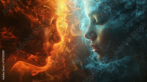 A striking visualization of two mirrored existences one embracing the light and hope and the other engulfed in darkness and despair forever connected by a mysterious mirror.