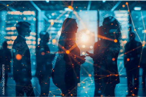 Corporate Professionals Networking at Modern Tech Event with Digital Interface Interaction