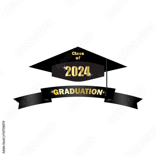 Graduation cap with class of 2024 banner. Academic celebration emblem. Golden highlights. Vector illustration. EPS 10.