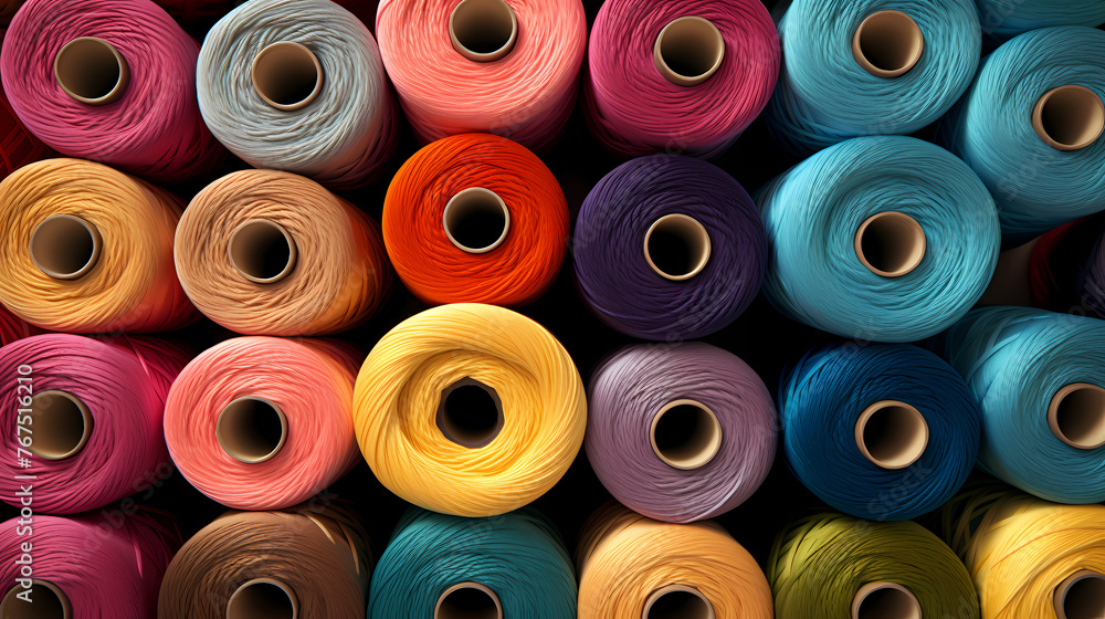 Spools of colorful yarn arranged in a pattern, textile industry Spools of colorful yarn arranged in a pattern, textile industry