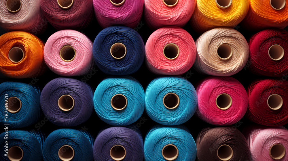 Spools of colorful yarn arranged in a pattern, textile industry