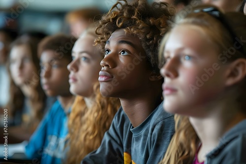 Enthusiastic Students in a Diverse Classroom Engaged in a Science Lesson. Concept Science Education, Student Engagement, Diverse Classroom, Enthusiastic Learning, Interactive Lessons