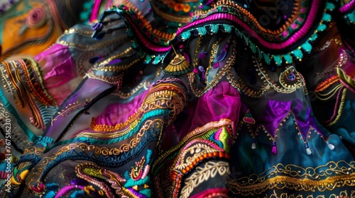  close-up of a dancer's skirt, a kaleidoscope of color with intricate embroidery. Focus on detail
