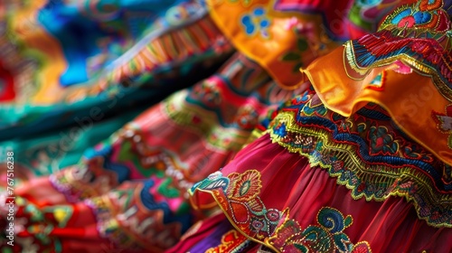  close-up of a dancer s skirt  a kaleidoscope of color with intricate embroidery. Focus on detail