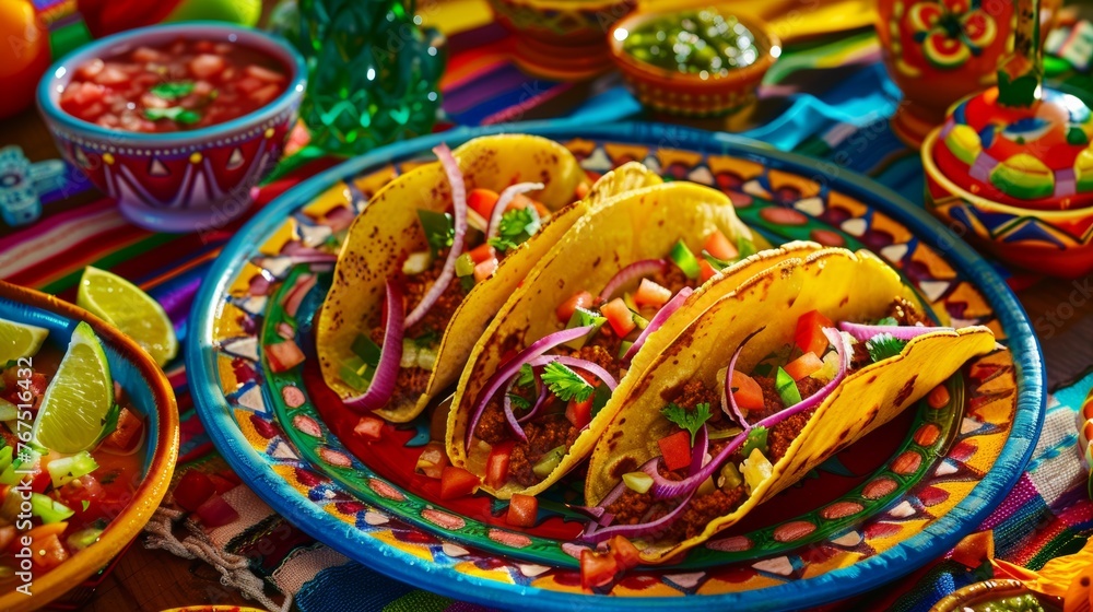 A close-up of a vibrant plate piled high with colorful tacos, showcasing the diversity of Mexican cuisine 