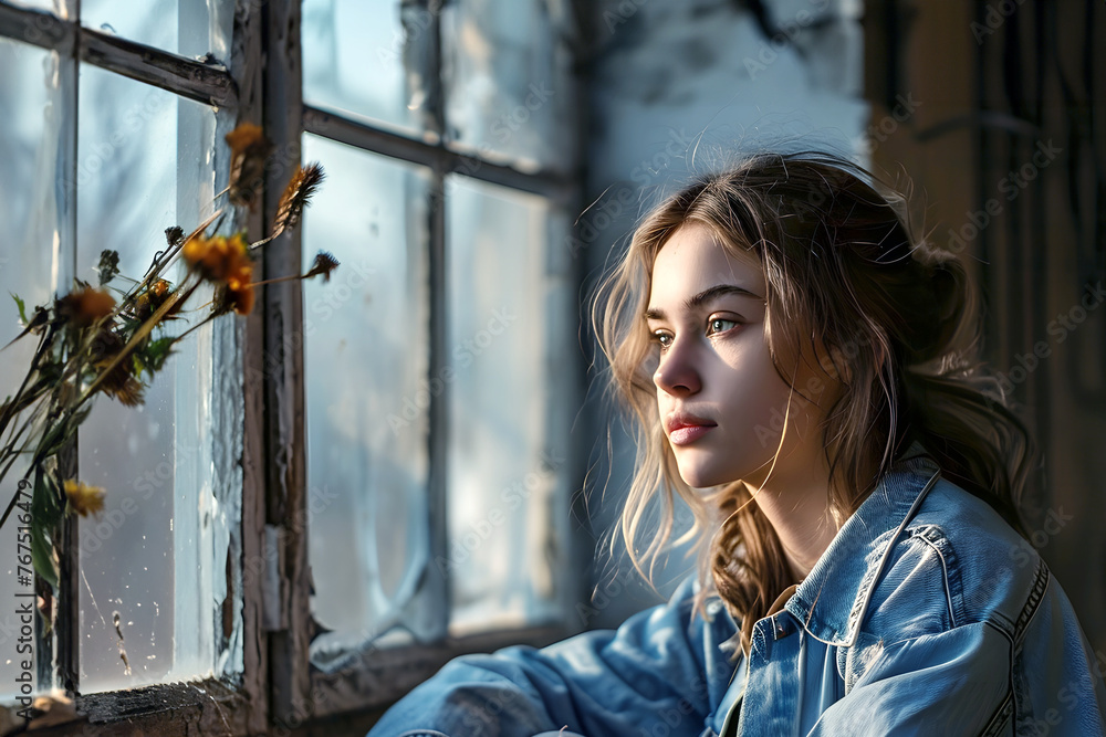 portrait of a beautiful young woman indoors near the window portrait of a beautiful young woman indoors near the window