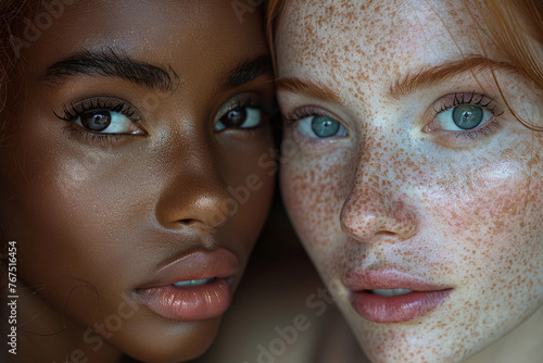 Close up fashion portrait two different races women hugging  black African American and white redhead with freckles touching their heads faces to each other diversity concept commercial advertising
