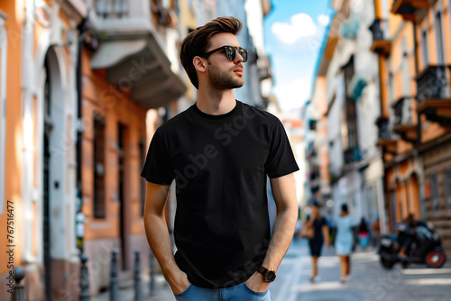 young Model Shirt Mockup  Boy wearing black t-shirt on street in daylight  Shirt Mockup Template on hipster adult for design print  Male guy wearing casual t-shirt mockup placement