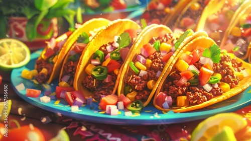 A close-up of a vibrant plate piled high with colorful tacos, showcasing the diversity of Mexican cuisine 