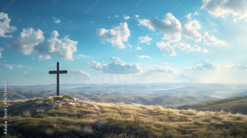 A simple wooden cross standing alone on a hilltop, overlooking a vast landscape 