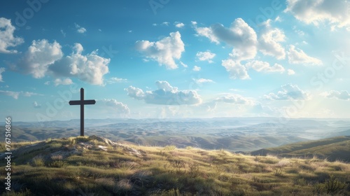 A simple wooden cross standing alone on a hilltop, overlooking a vast landscape 