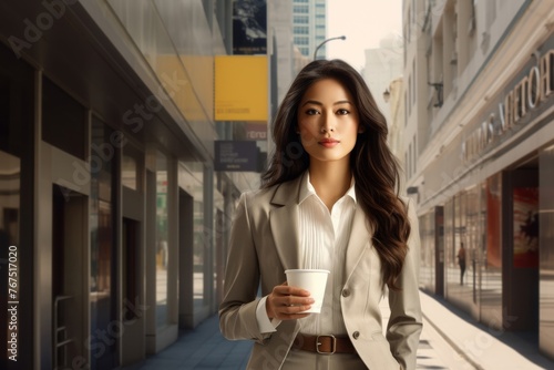 Pretty young Asian woman in business casual attire holds a glass of takeaway coffee in her hand at the outdoor field with happiness. Generative AI. © Surachetsh