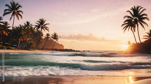 A tranquil beach at sunset  with pastel skies casting a warm glow over the gentle waves and palm trees swaying in the breeze