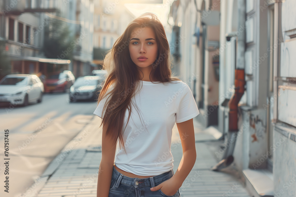 young Model Shirt Mockup, girl wearing white t-shirt on street in daylight, Shirt Mockup Template on hipster adult for design print, female wearing casual t-shirt mockup placement