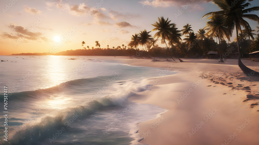 A tranquil beach at sunset, with pastel skies casting a warm glow over the gentle waves and palm trees swaying in the breeze