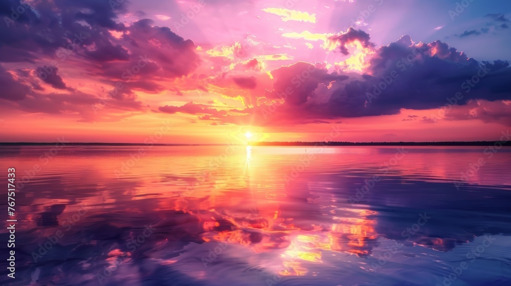A vibrant sunset with hues of orange, pink, and purple, reflecting in a calm lake