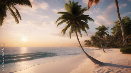 A tranquil beach at sunset, with pastel skies casting a warm glow over the gentle waves and palm trees swaying in the breeze