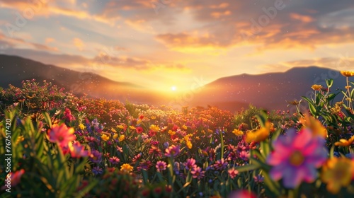 A vibrant sunrise over a field of wildflowers, symbolizing new beginnings