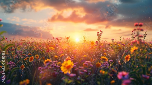 A vibrant sunrise over a field of wildflowers, symbolizing new beginnings