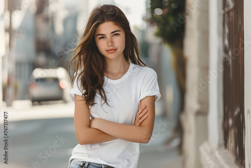 young Model Shirt Mockup, girl wearing white t-shirt on street in daylight, Shirt Mockup Template on hipster adult for design print, female wearing casual t-shirt mockup placement