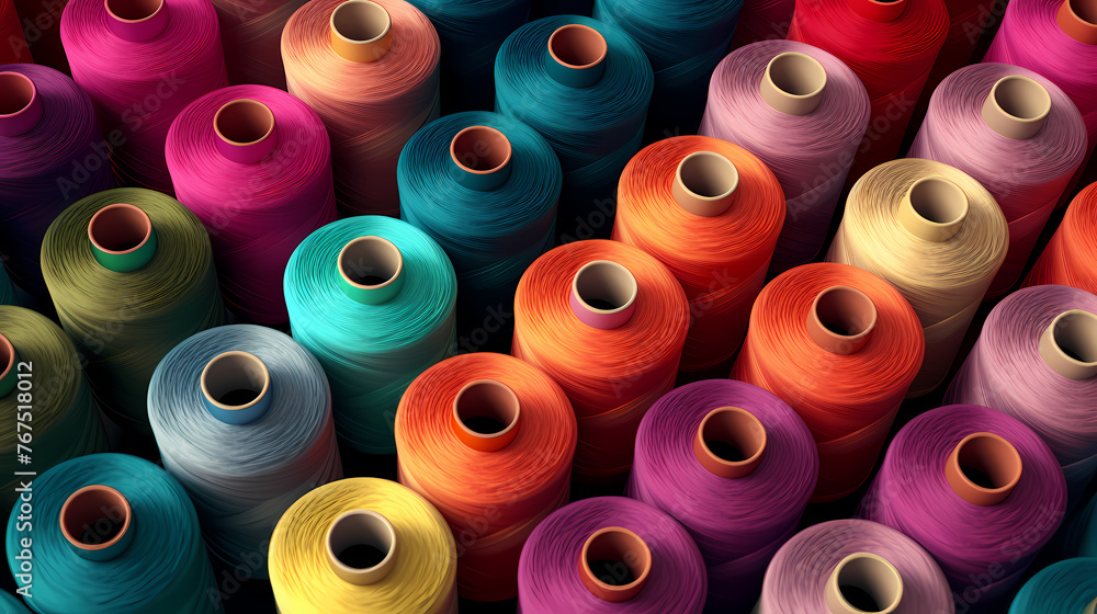 Spools of colorful yarn arranged in a pattern, textile industry Spools of colorful yarn arranged in a pattern, textile industry
