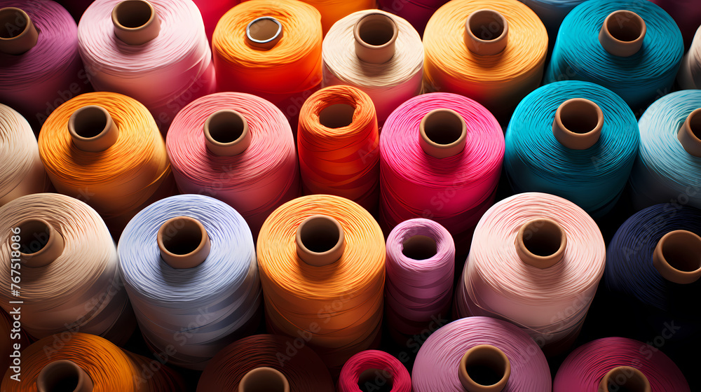 Spools of colorful yarn arranged in a pattern, textile industry Spools of colorful yarn arranged in a pattern, textile industry