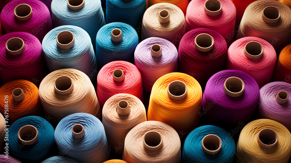 Spools of colorful yarn arranged in a pattern, textile industry Spools of colorful yarn arranged in a pattern, textile industry