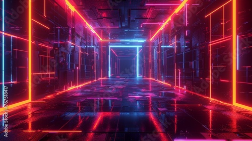 Modern Hallway With Neon Lights and Black Floor © Gerges