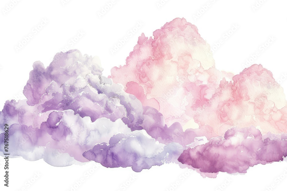 Pink and purple watercolor cloud patterns - Dreamy pink and purple watercolor clouds creating a whimsical pattern on a white background
