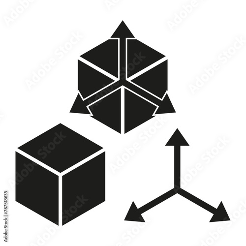Set of 3D geometric shape icons. Cube and tetrahedron figures. Directional axis symbol. Vector illustration. EPS 10.